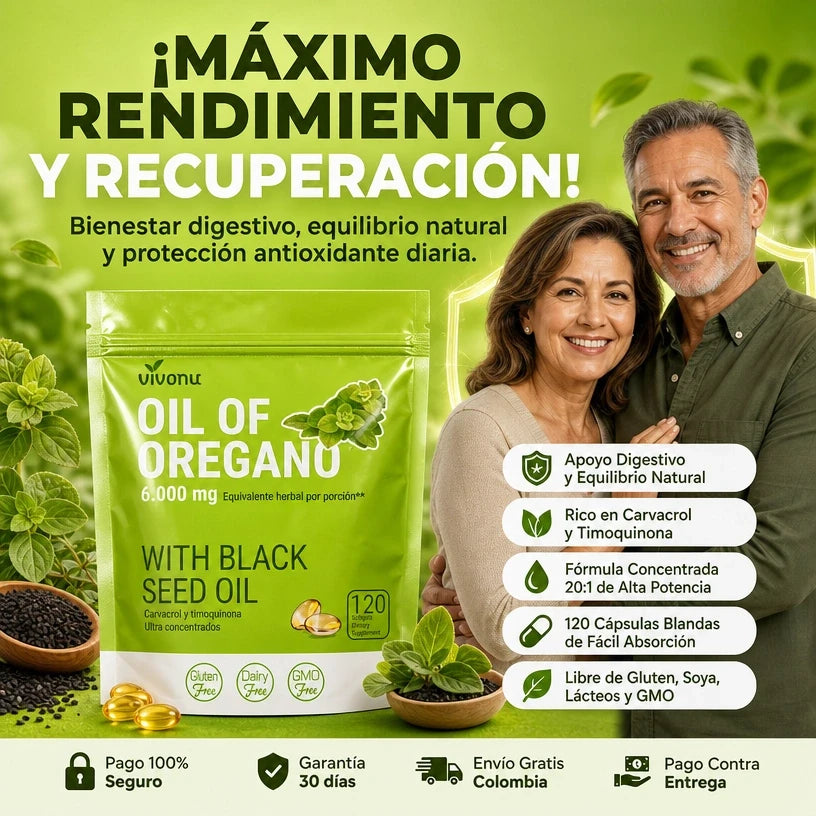 VivoNu™ Aceite de Orégano + Aceite de Semilla Negra ayuda a tu Bienestar Digestivo e Inmunológico