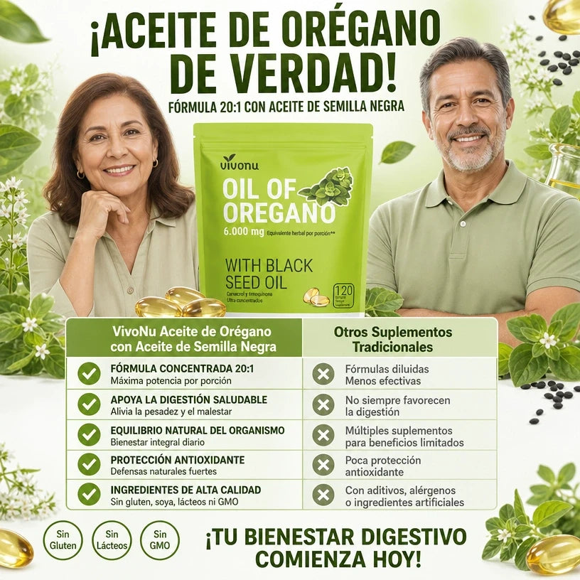 VivoNu™ Aceite de Orégano + Aceite de Semilla Negra ayuda a tu Bienestar Digestivo e Inmunológico