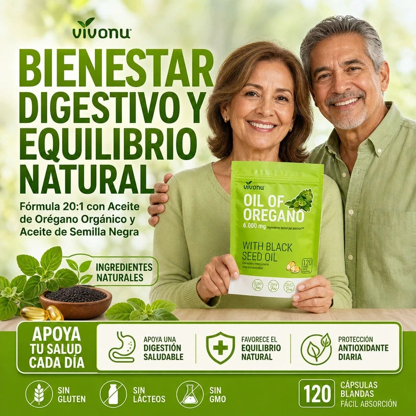 VivoNu™ Aceite de Orégano + Aceite de Semilla Negra ayuda a tu Bienestar Digestivo e Inmunológico